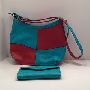 Elegant Red and Blue Leather Patchwork wallet & Shoulder Bag w/adjustable strap.